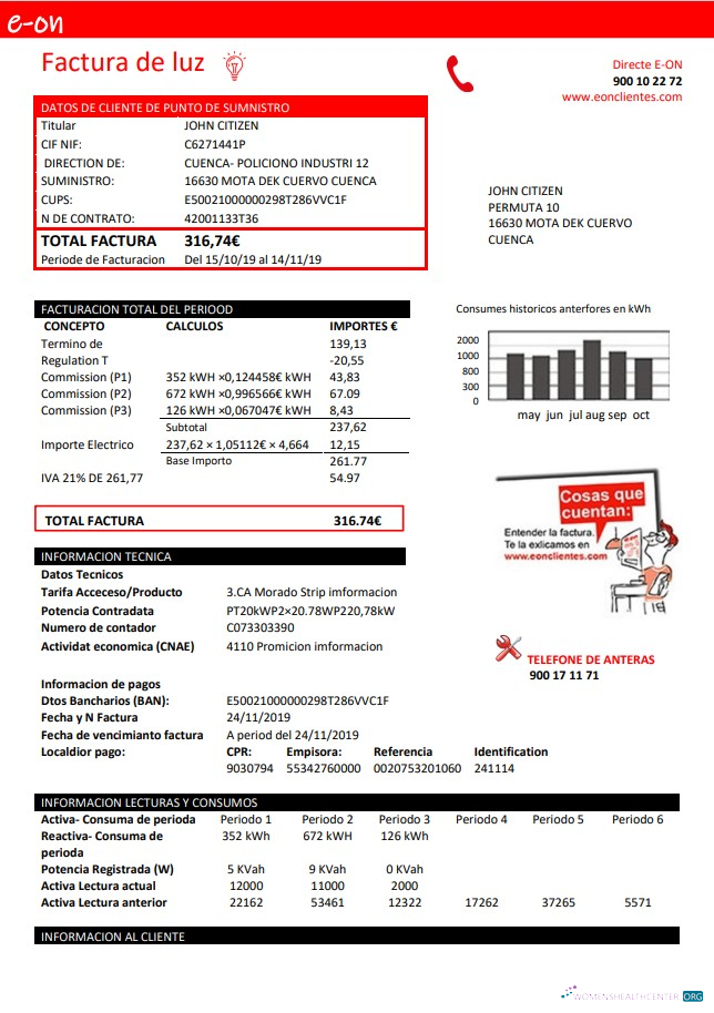 download download Spain E.ON electricity utility bill template in Word and PDF format PDF template PDF template